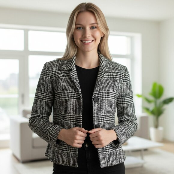 Talbots Collection Size 2 Black White Plaid Tweed Alpaca Blend Blazer Jacket - Picture 1 of 10